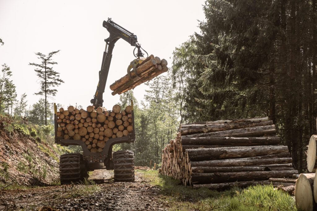 Rückemaschine lädt auf Holzstapel ab